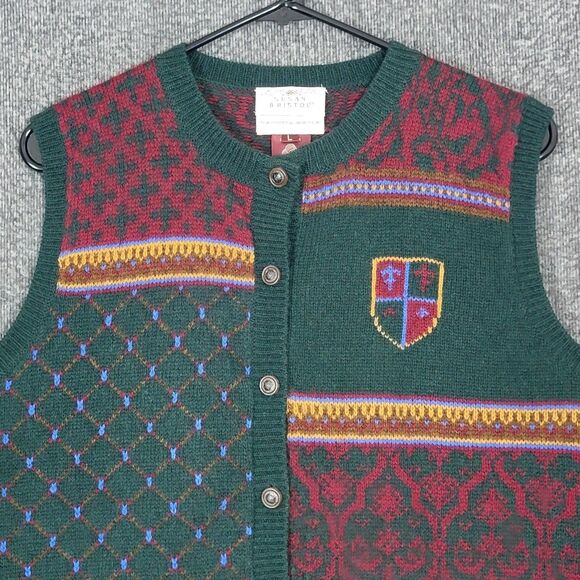 Vintage Susan Bristol Sweater Vest Womens L Green Red Fair Isle Pure Wool 1989 - Picture 2 of 11